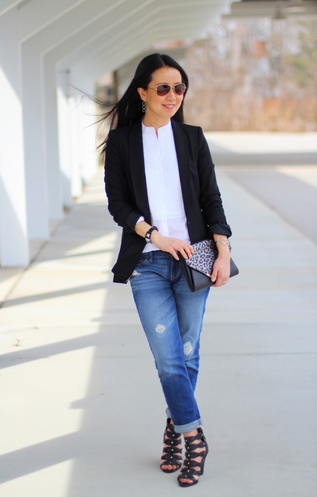 Zara blazer | Madewell shirt | Express jeans | Guess sandals