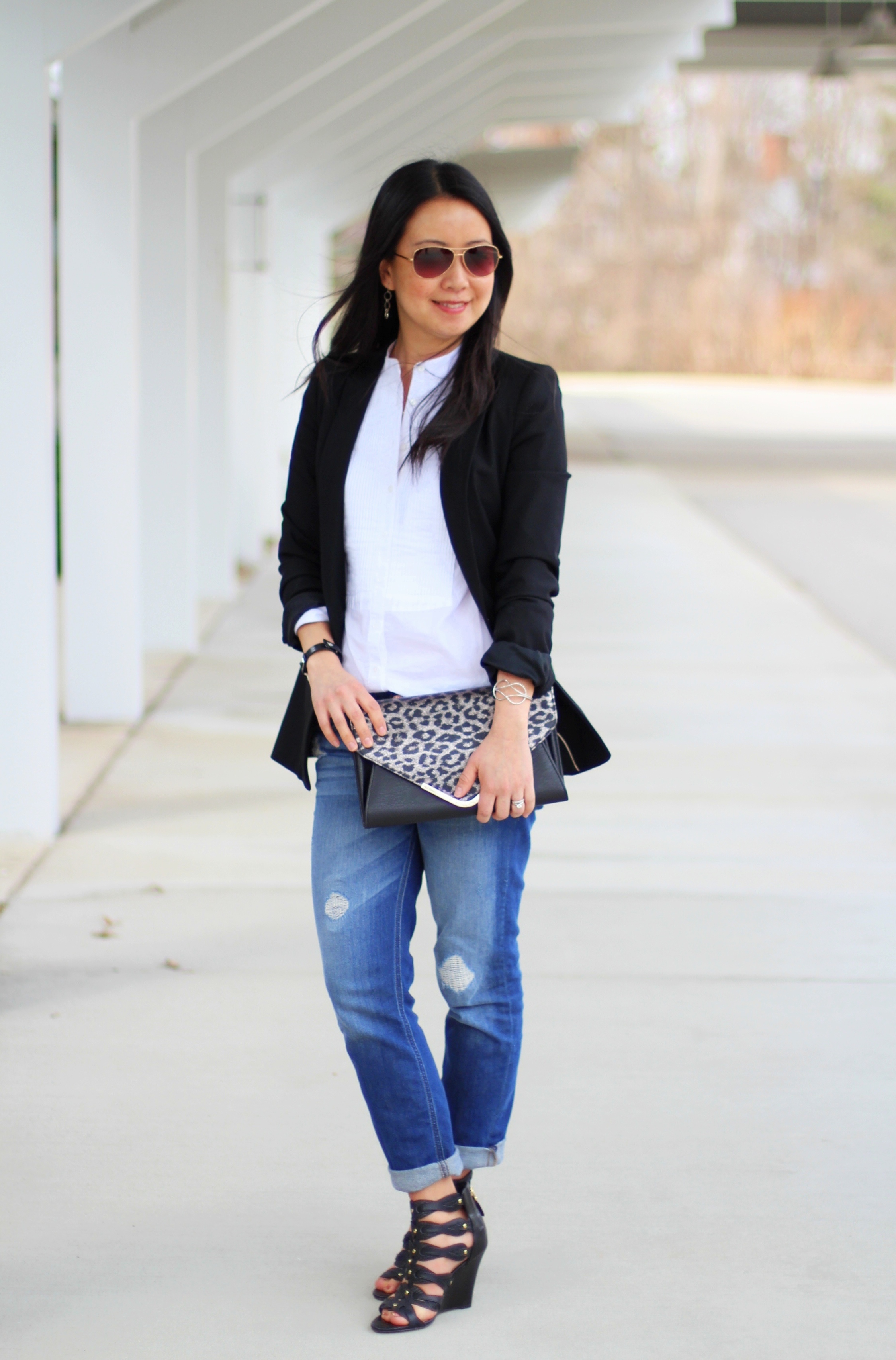 Zara blazer | Madewell shirt | Express jeans | Guess sandals