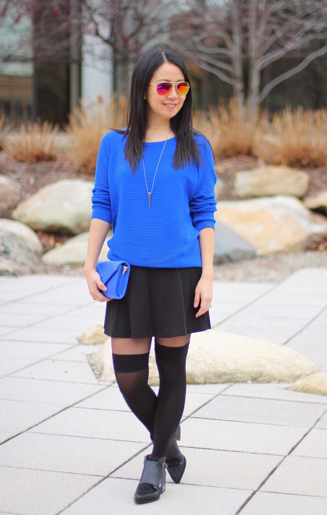 cobalt blue sweater, black skater skirt, Circus by Sam Edelman Reese ankle boots, over the knee tights, OTK