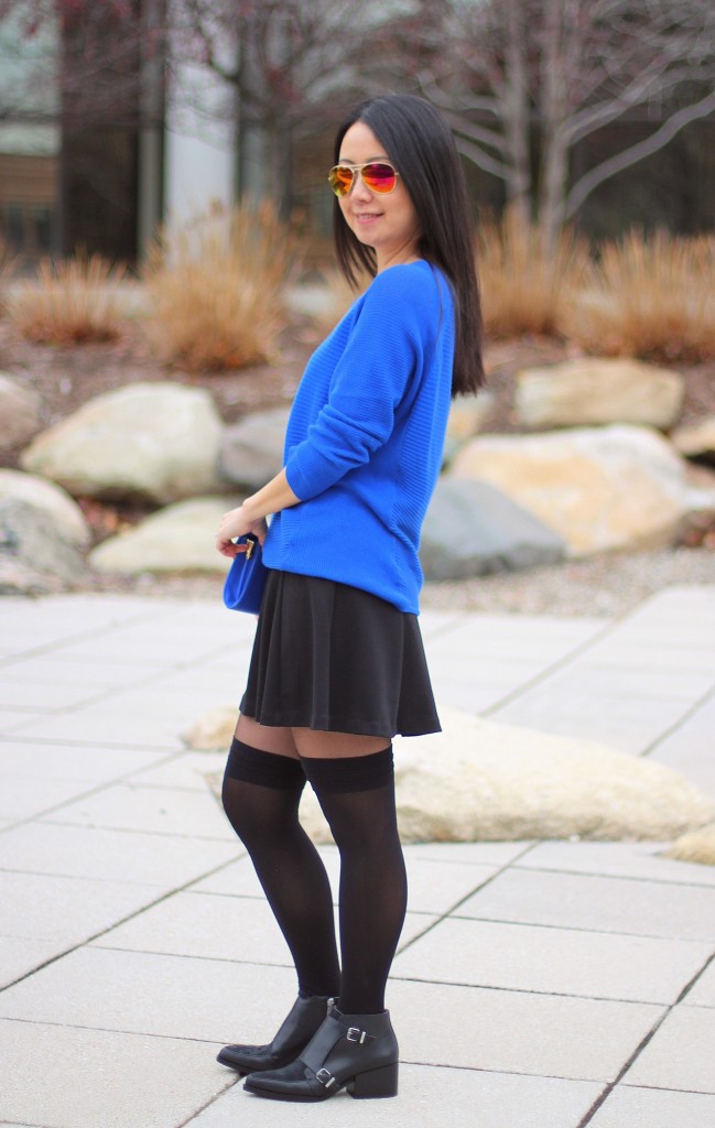 cobalt blue sweater, black skater skirt, Circus by Sam Edelman Reese ankle boots, over the knee tights, OTK