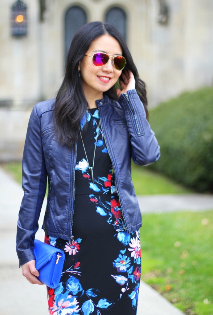 Betsey Johnson floral dress, Express (minus the) leather moto jacket, Zara booties, cobalt blue, holiday outfit