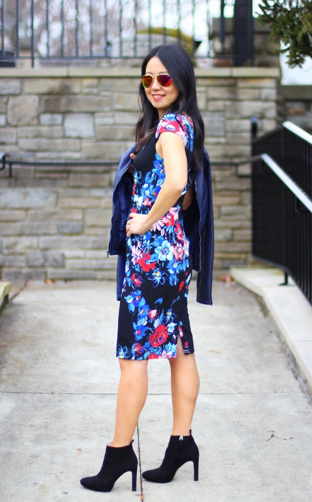 Betsey Johnson floral dress, Express (minus the) leather moto jacket, Zara booties, cobalt blue, holiday outfit