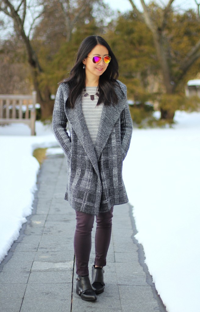 Rachel Roy hooded plaid cardigan, Paige Verdugo ankle jeans, Circus by Sam Edelman Reese ankle boots