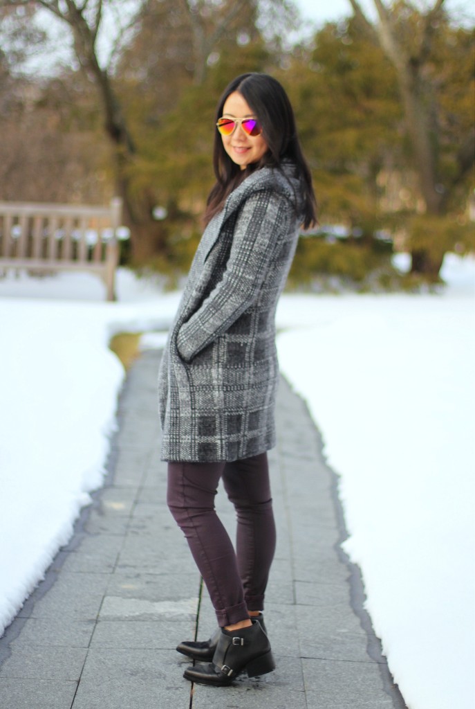 Rachel Roy hooded plaid cardigan, Paige Verdugo ankle jeans, Circus by Sam Edelman Reese ankle boots