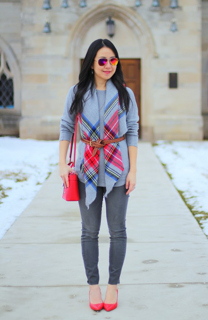blanket scarf, gray jeans, gray sweater, grey, red pumps, red bag
