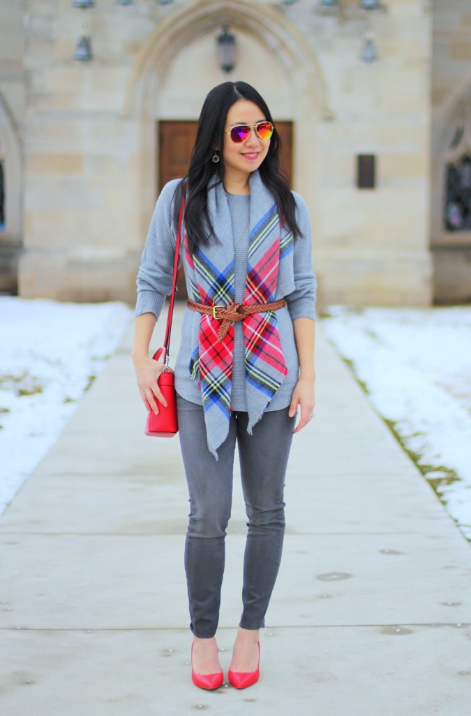 blanket scarf, gray jeans, gray sweater, grey, red pumps, red bag
