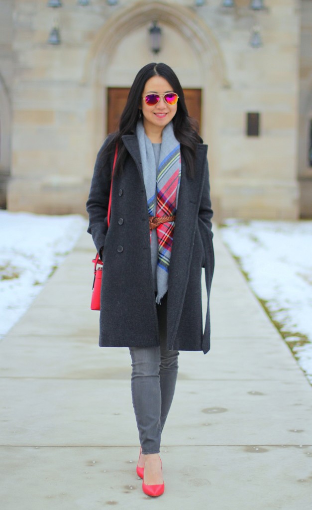 blanket scarf, gray jeans, gray sweater, grey, red bag, red pumps, J.Crew wool trench coat