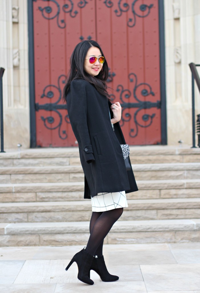 J.Crew wool coat, Zara grid print skirt, leopard clutch, Zara booties, windowpane