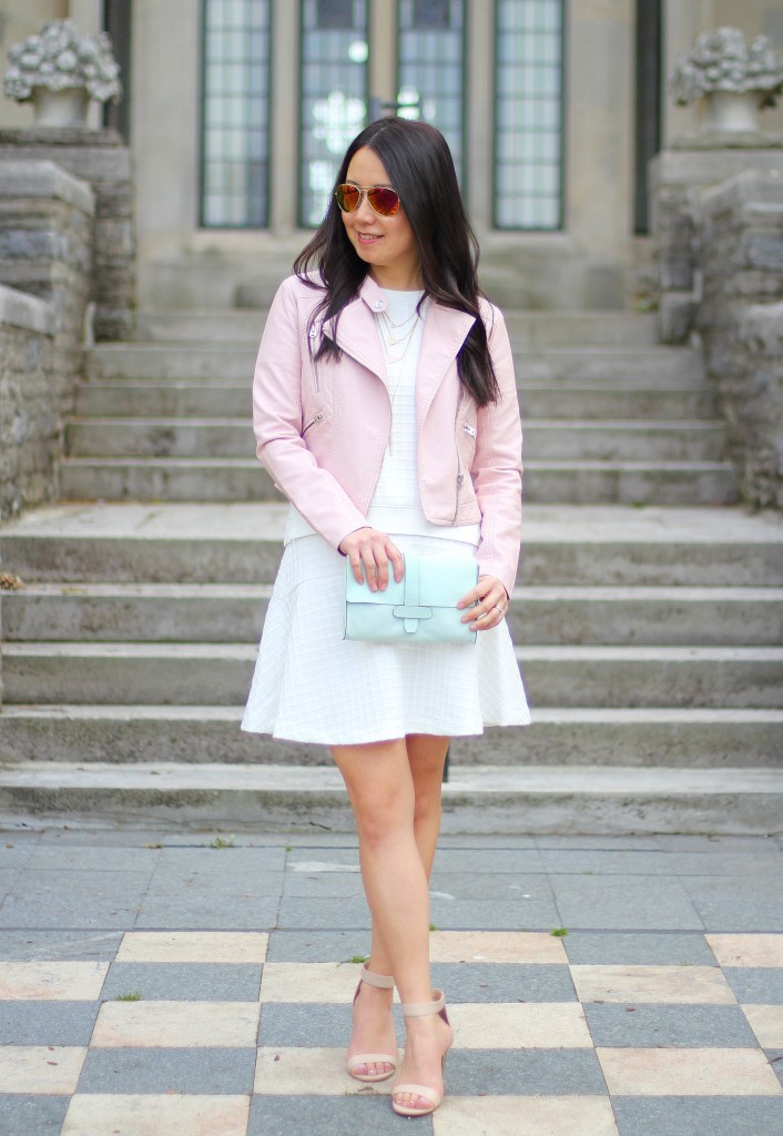Banana Republic skirt set, Forever 21 pink moto jacket, pastels, spring colors, spring trends, mint