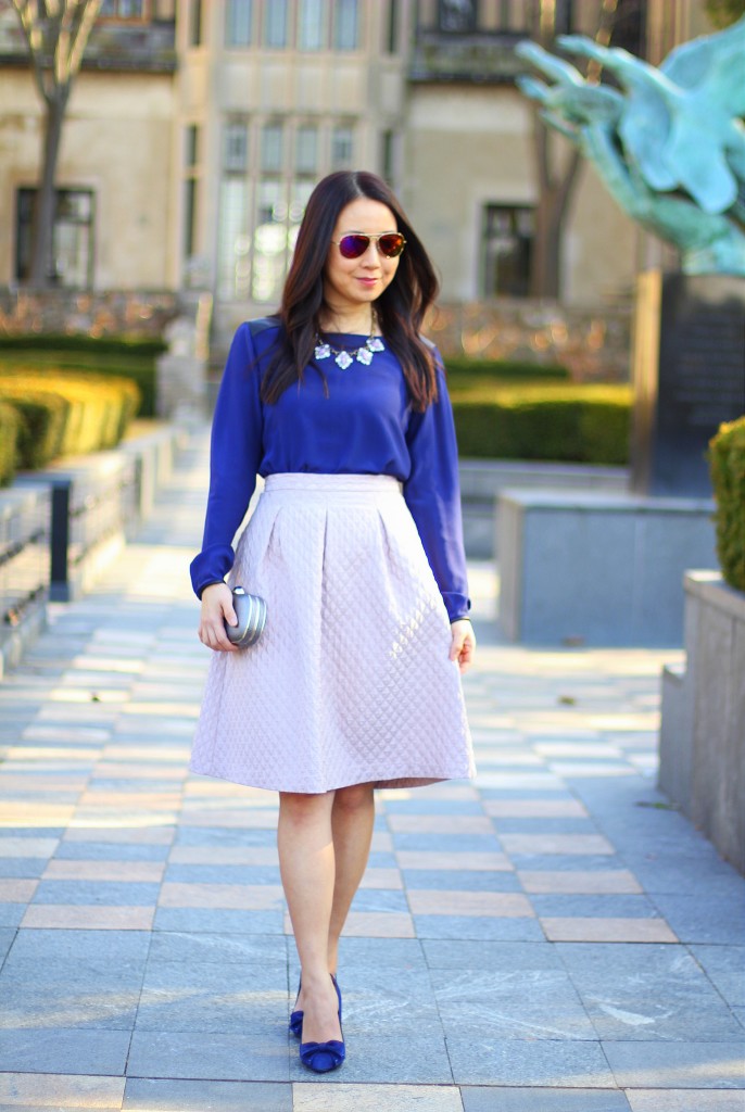 Club Monaco Blouse, Search for Sanity diamond textured circle skirt, lilac, lavender, violet, mauve, spring colors, Easter outfit, Sunday best, Baublebar statement necklace, cobalt blue, bow pumps