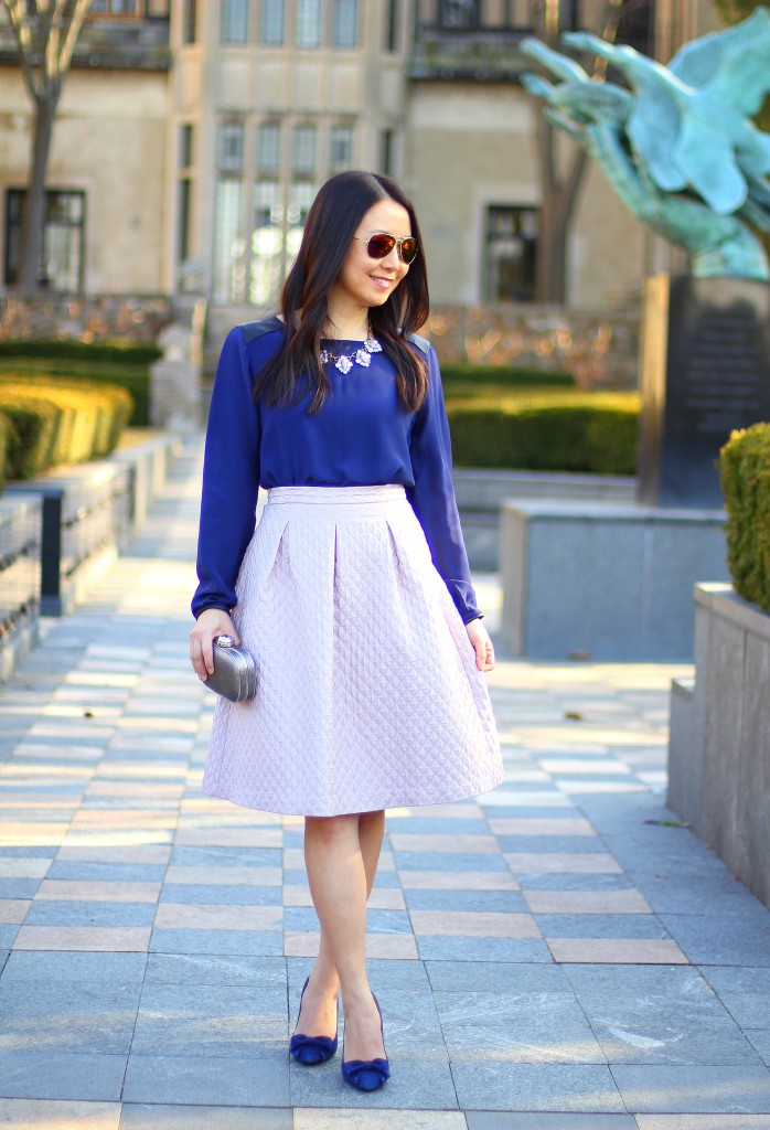 Club Monaco Blouse, Search for Sanity diamond textured circle skirt, lilac, lavender, violet, mauve, spring colors, Easter outfit, Sunday best, Baublebar statement necklace, cobalt blue, bow pumps