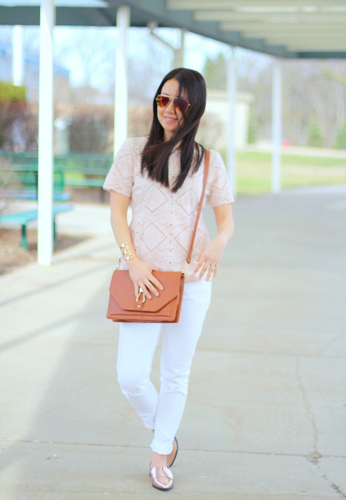 J.Crew geometric eyelet top, white jeans, Forever 21 rose gold loafers, Sole Society Bentley crossbody, spring colors, Kushyfoot, low cut foot covers