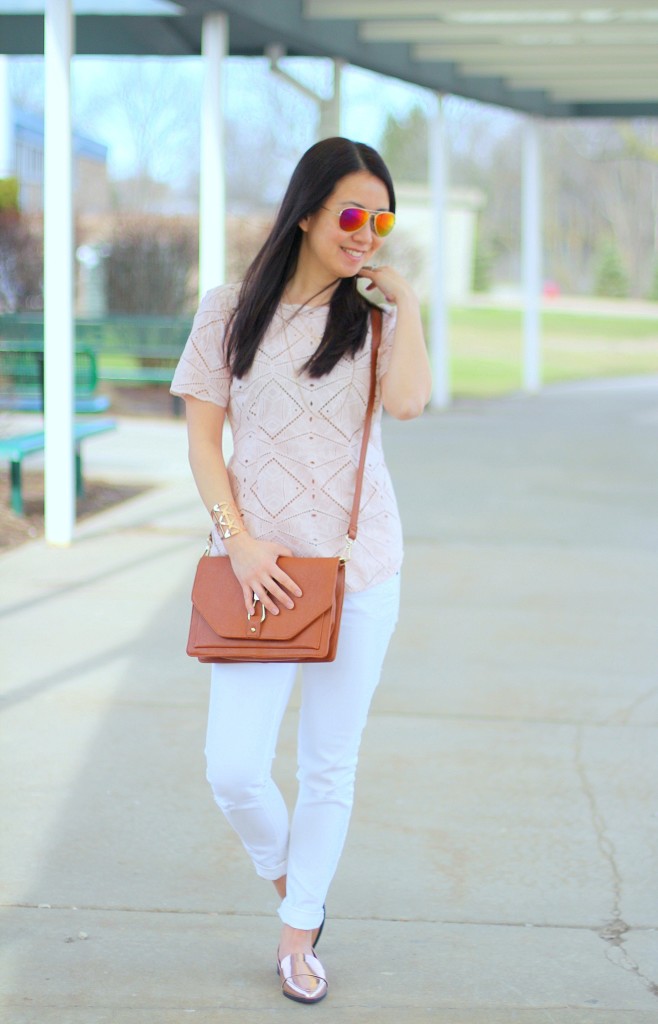 J.Crew geometric eyelet top, white jeans, Forever 21 rose gold loafers, Sole Society Bentley crossbody, spring colors, Kushyfoot, low cut foot covers