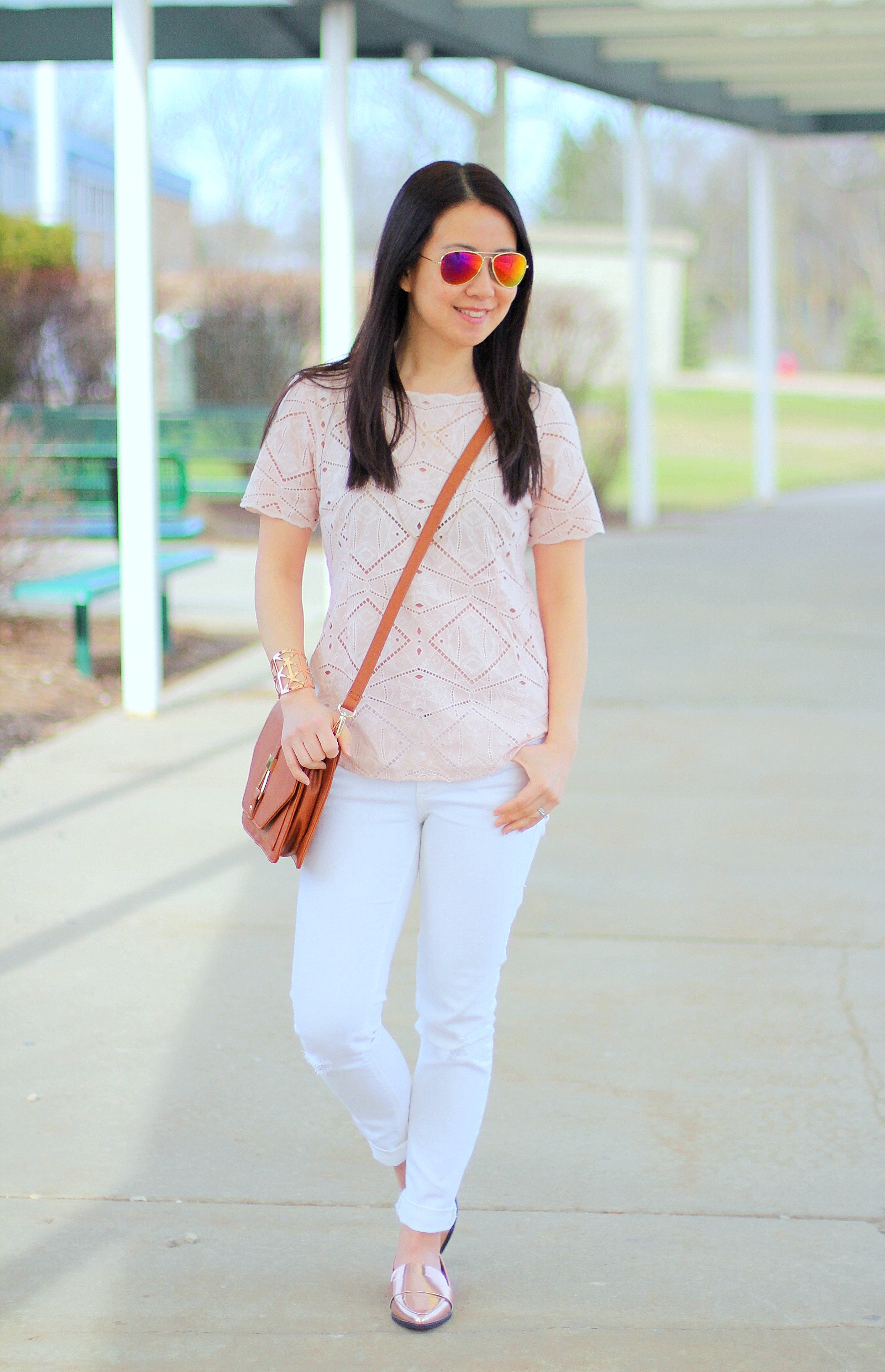 gold loafers outfit
