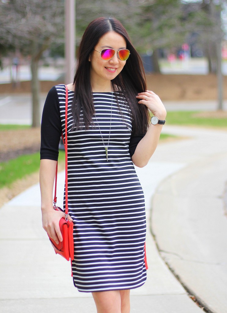 Eliza J stripe dress, black and white stripes, orange, Banana Republic Envelope crossbody, strap sandal, spring trends