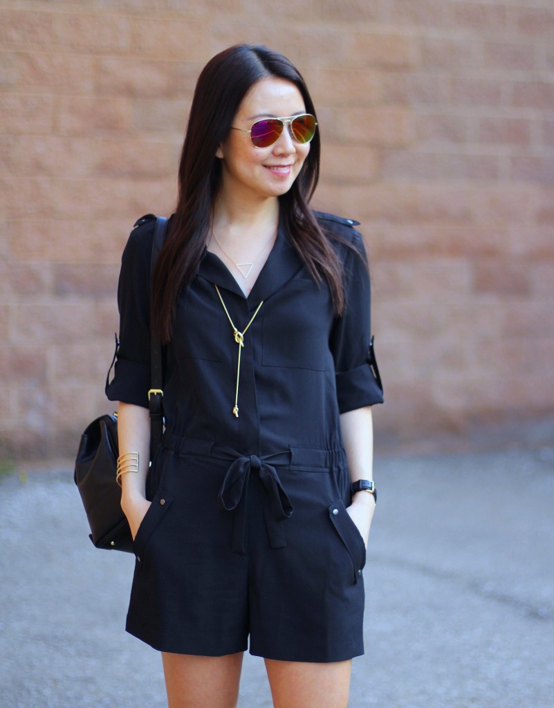 Banana Republic romper, Target Merona backpack, Guess Jily caged sandal, Madewell knotshine necklace, spring trends, all black look, Redbook Real Women Style Awards