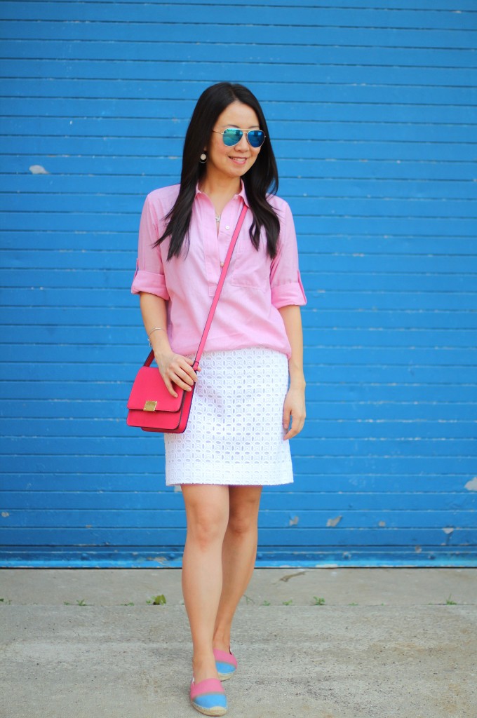 beach casual, Gap shirt, J.Crew Factory eyelet skirt, Target crossbody, red and white, Soludos espadrilles, spring colors