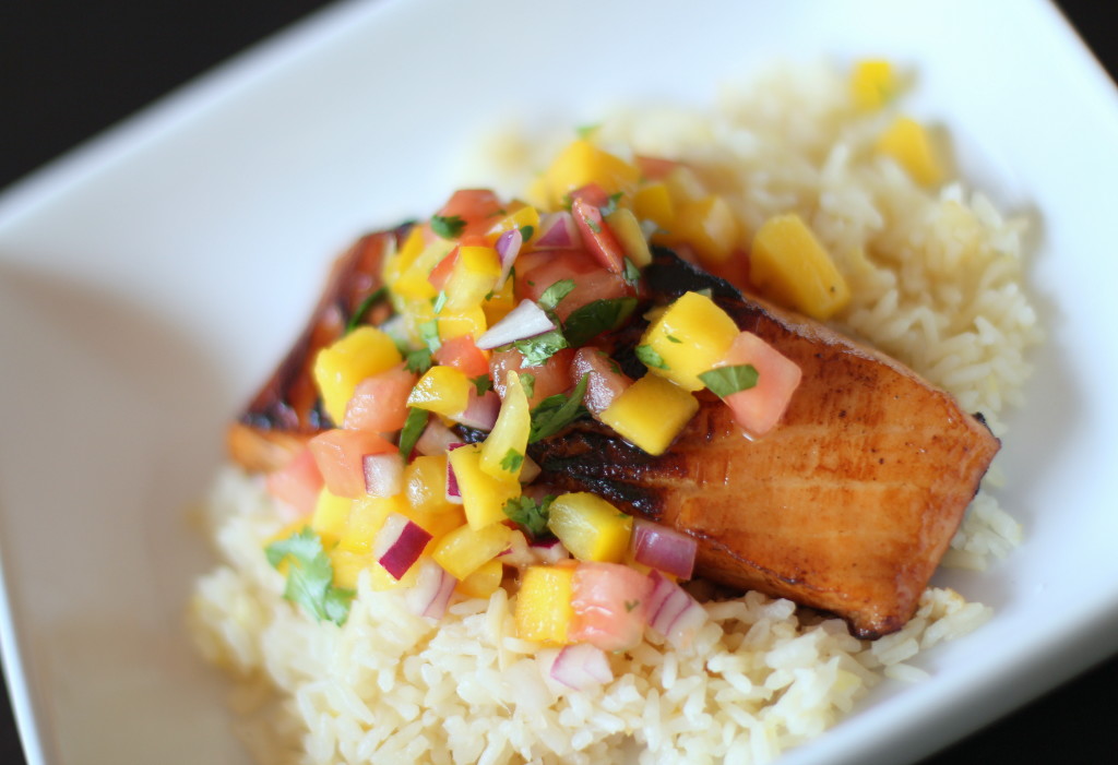 Slow-Roased Chipotle Salmon with Pineapple Rice and Mango Salsa