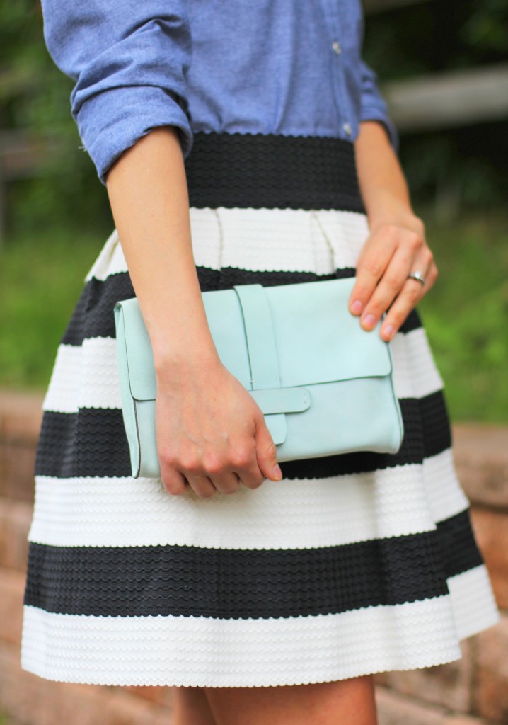 chambray shirt, black and white, stripe skirt, mint clutch, iconic look