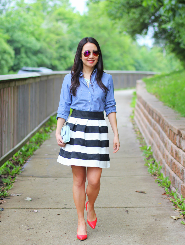 chambray shirt, black and white, stripe skirt, red pumps, mint clutch, iconic look