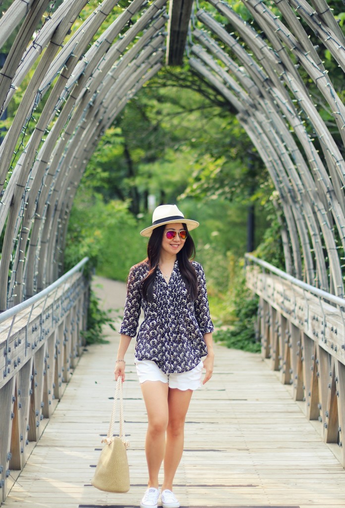 summer fashion, natural fibers, cotton, Anthropologie pintuck button down, Club Monaco scallop hem shorts, All-Star Converse shoreline sneakers, Forever 21 straw hat, straw tote