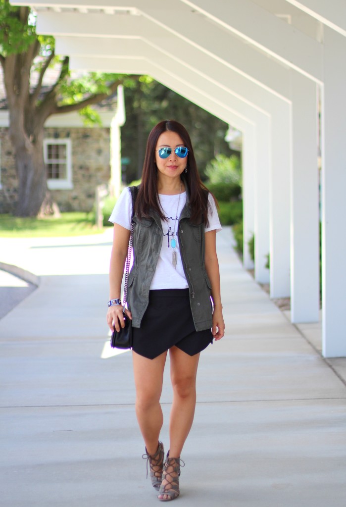Forever 21 No One is Perfect Tee, Zara skort, utility vest, olive, black, Rebecca Minkoff crossbody, Kendra Scott necklace, turquoise, lace up sandals, summer fashion