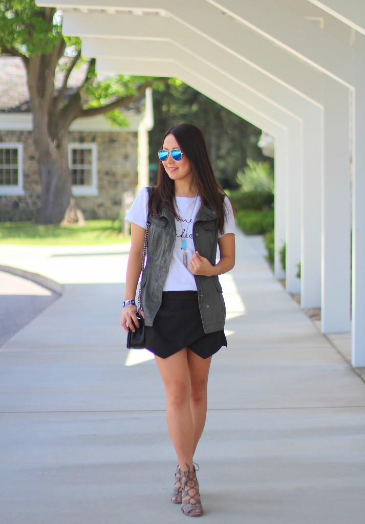 Forever 21 No One is Perfect Tee, Zara skort, utility vest, olive, black, Rebecca Minkoff crossbody, Kendra Scott necklace, turquoise, lace up sandals, summer fashion