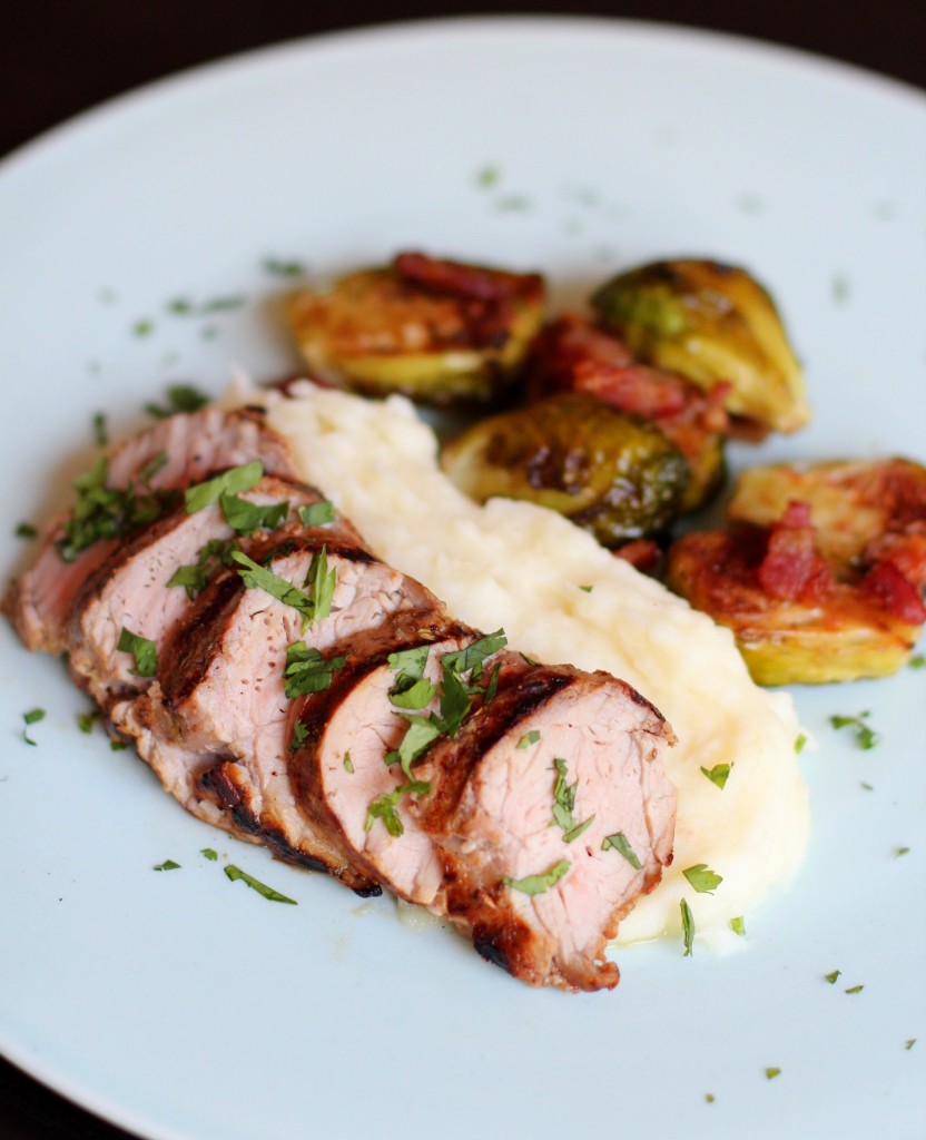 Grilled Pork Tenderloin, lime, cilantro, chipotle, brussel sprouts, bacon, balsamic vinegar, parmesan mashed potatoes, fall dishes, fall flavors, entree, main dish, meal