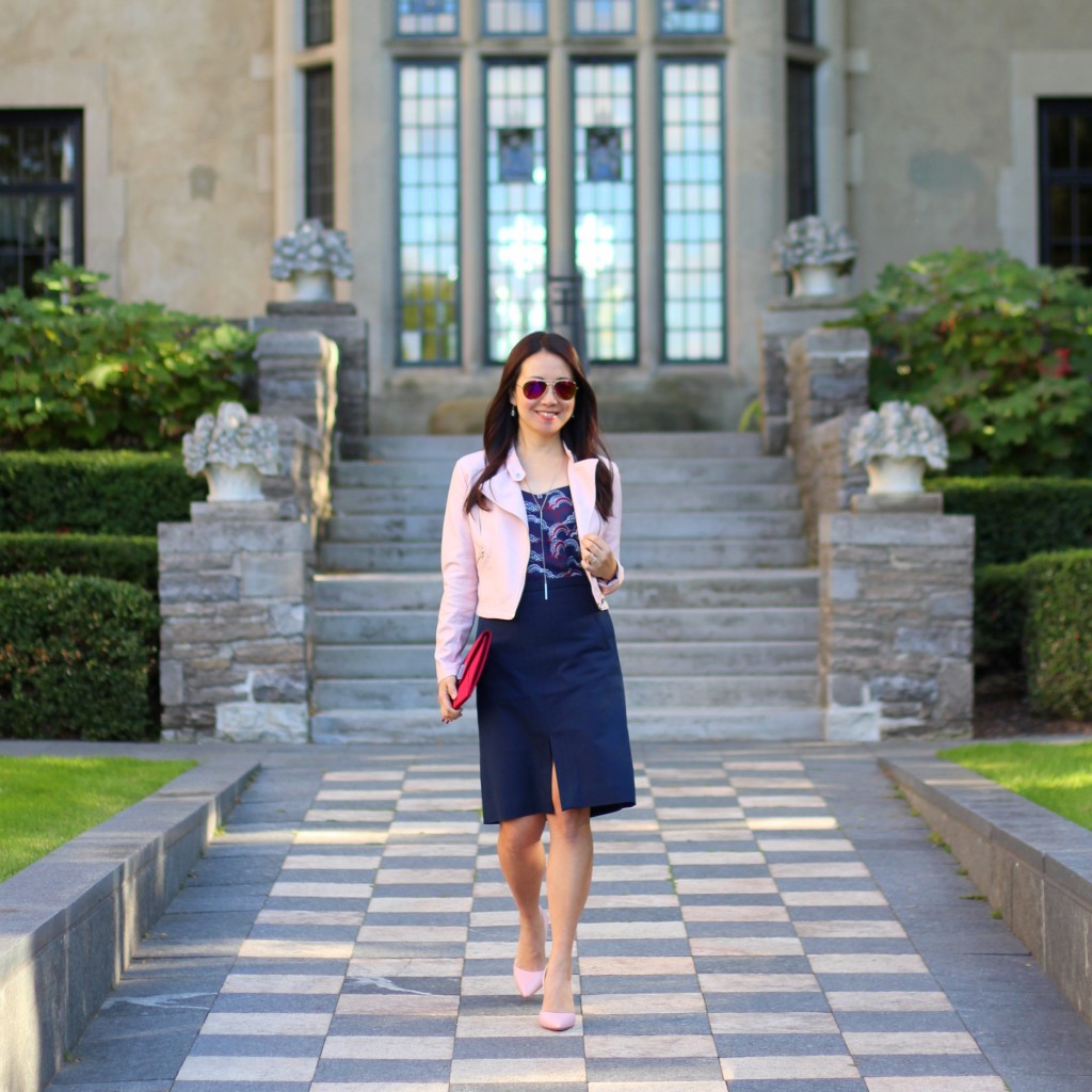 J.Crew navy skirt, Express Barcelona cami, Forever 21 pink leather moto jacket, BCBG burgundy clutch, Louise et Cie blush pump, pink pumps, fall transition, office style, work fashion