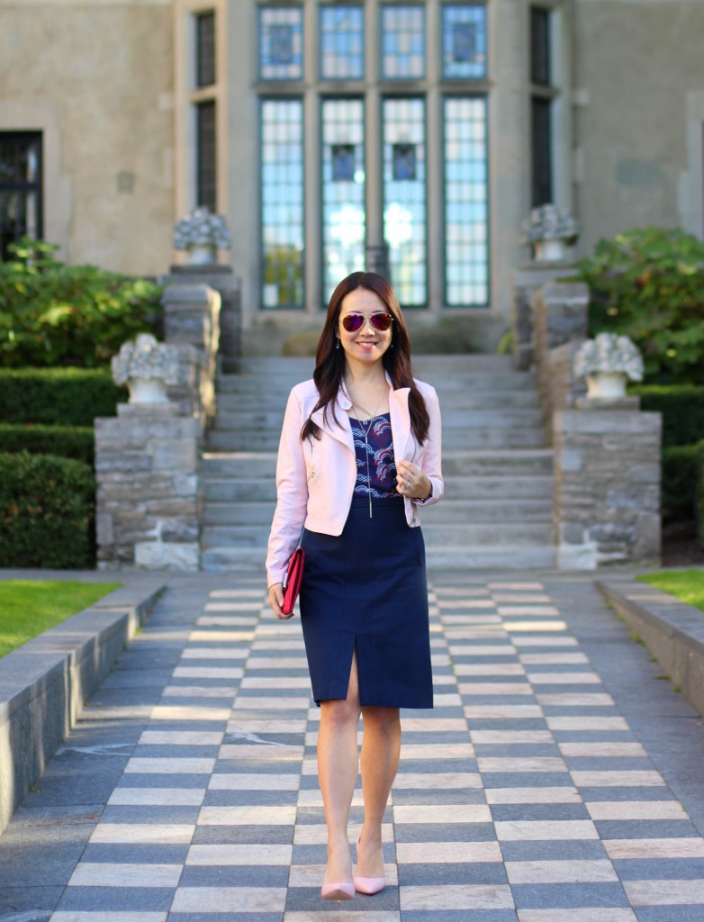 J.Crew navy skirt, Express Barcelona cami, Forever 21 pink leather moto jacket, BCBG burgundy clutch, Louise et Cie blush pump, pink pumps, fall transition, office style, work fashion