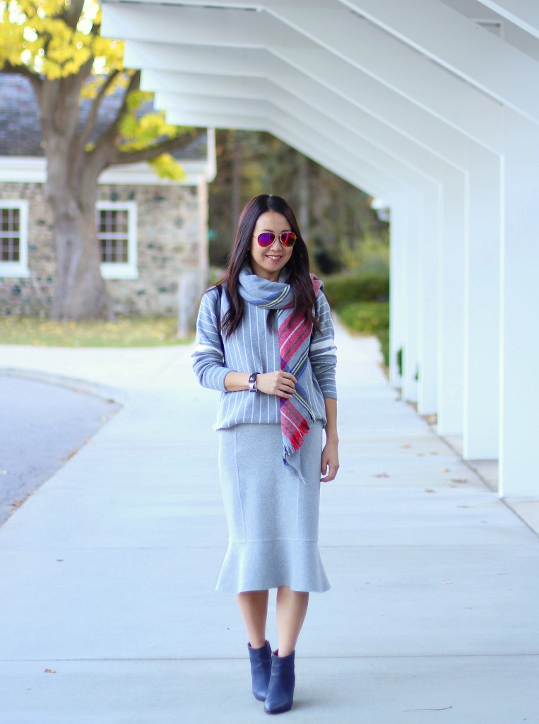 Banana Republic stripe sweater, fishtail skirt, Forever 21 plaid scarf, blue booties, grey, Target backpack, fall fashion, casual chic