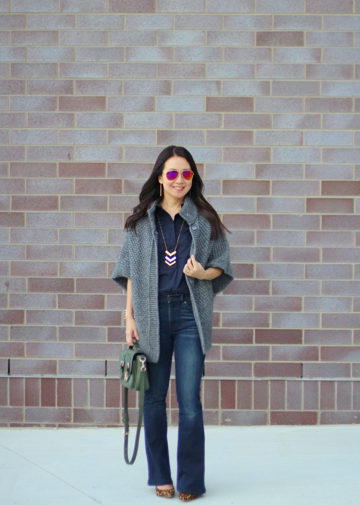 skinny flare jeans, bell bottoms, bell sleeves, Tory Burch, the Gap, Kate Spade olive crossbody, bell sleeve cardigan, Sam Edelman leopard pumps, calfskin, Madewell arrow necklace