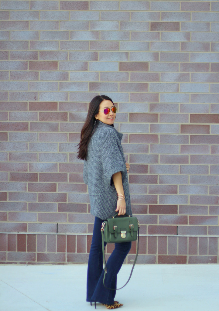 skinny flare jeans, bell bottoms, bell sleeves, Tory Burch, the Gap, Kate Spade olive crossbody, bell sleeve cardigan, Sam Edelman leopard pumps, calfskin, Madewell arrow necklace