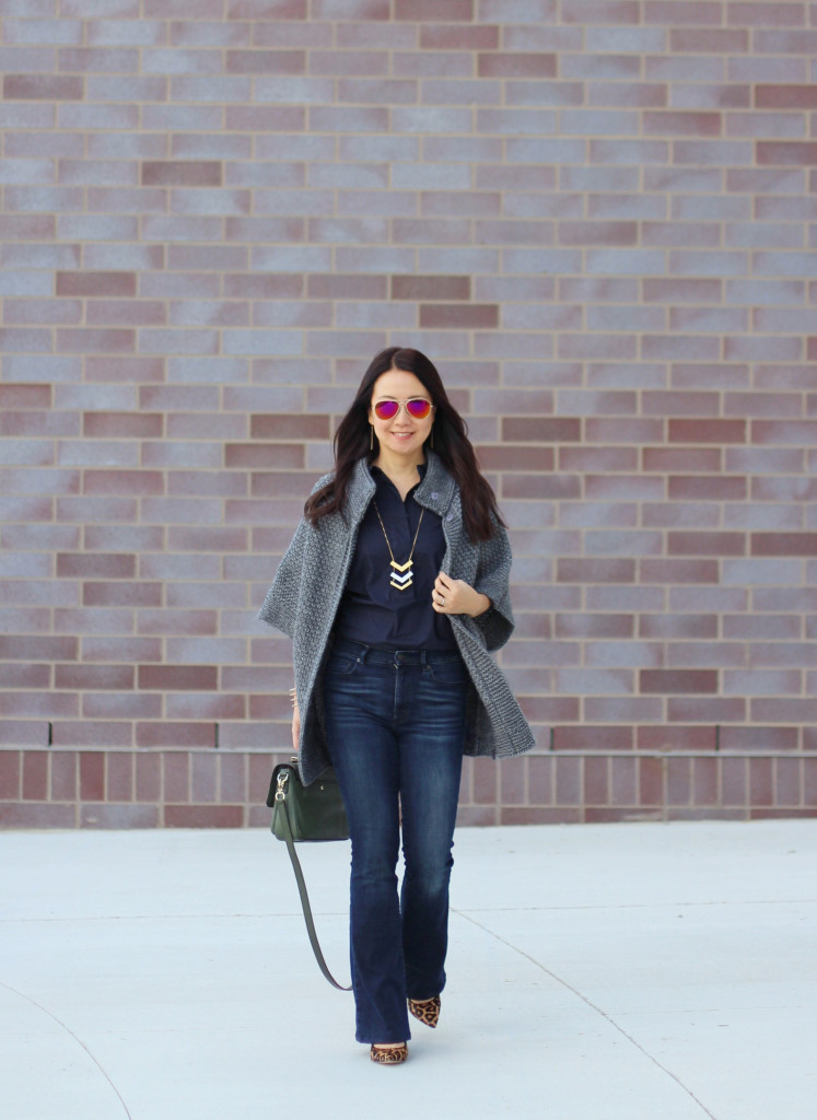 skinny flare jeans, bell bottoms, bell sleeves, Tory Burch, the Gap, Kate Spade olive crossbody, bell sleeve cardigan, Sam Edelman leopard pumps, calfskin, Madewell arrow necklace 